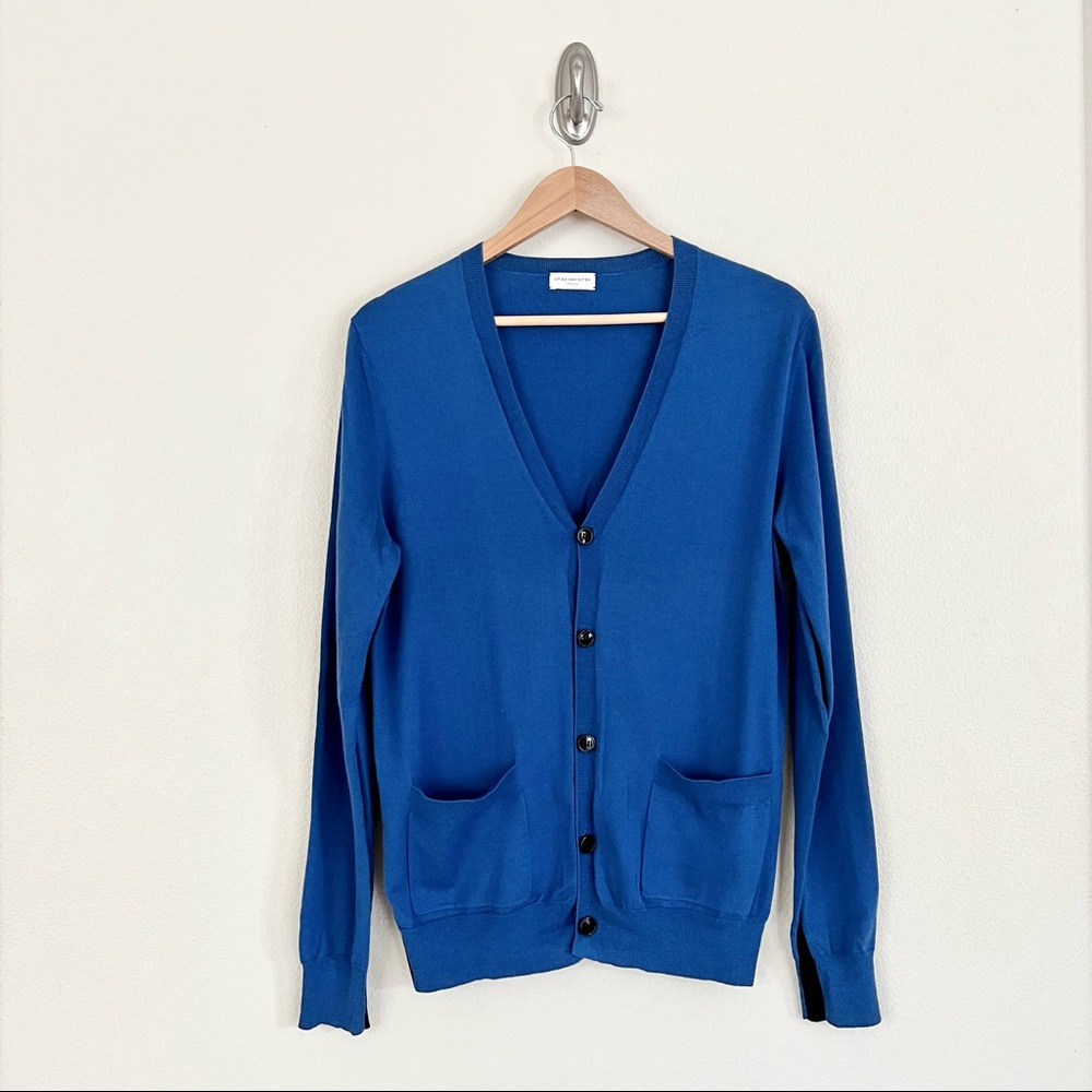 DRIES VAN NOTEN Merino Wool Side Stripe Cardigan Sweater in Blue